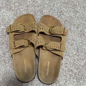 Veronica Beard Tan Suede Braided Double-Buckle Slides